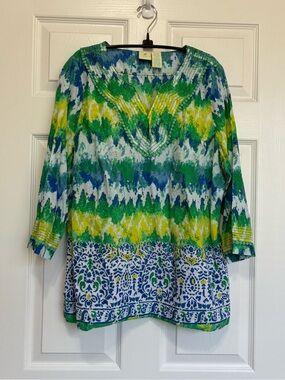 Caribbean Joe Tropical Top Womens XL Green Blue White V-neck 3/4  Sleeve Beach